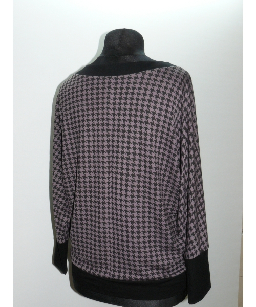 Elegancka bluzka KIMONO z dekoltem - pepitka czarny mocca